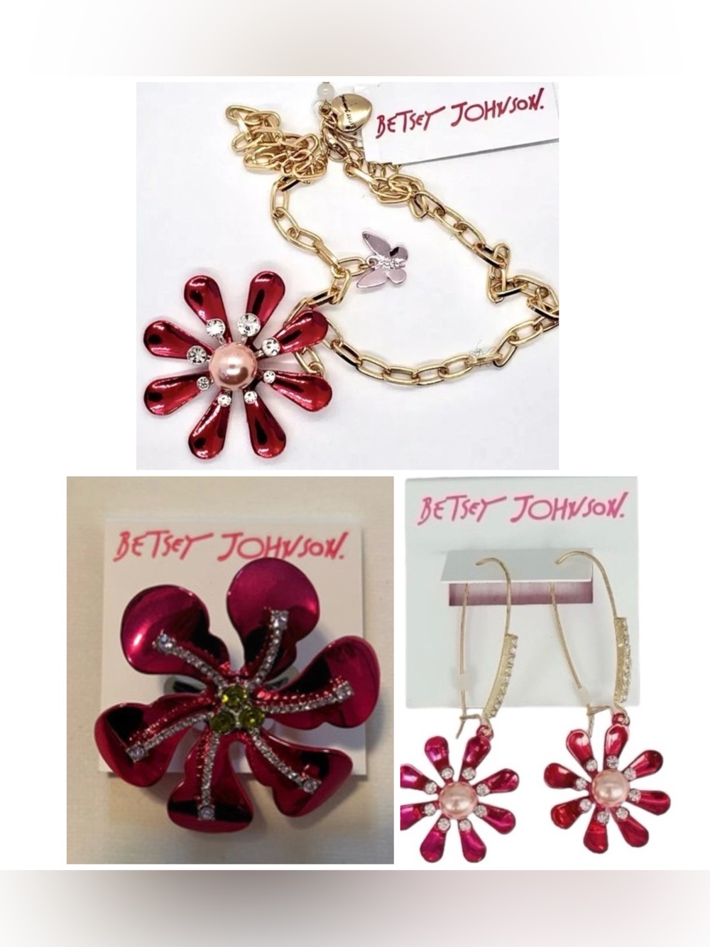 BETSEY JOHNSON SET Metallic Pink Floral Earrings Ring & Necklace NEW NWT
